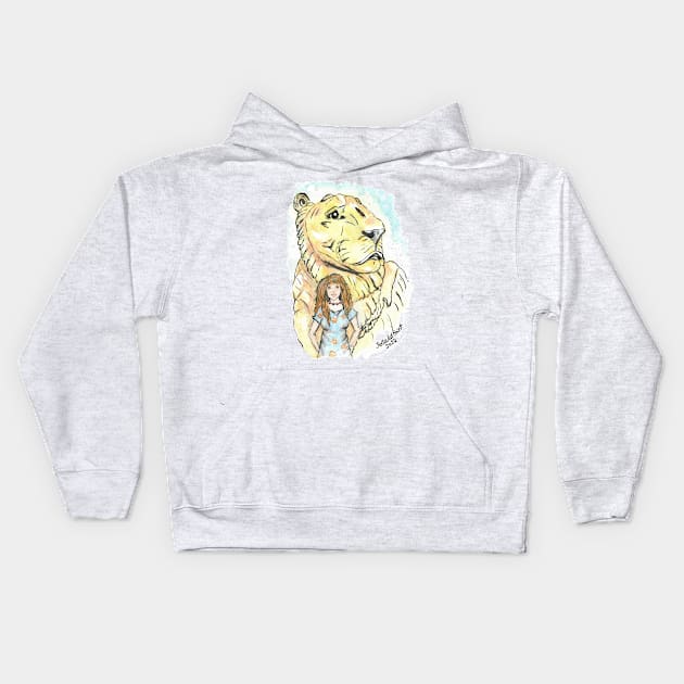 Woman and lioness watercolor Kids Hoodie by JuliaArtPaint